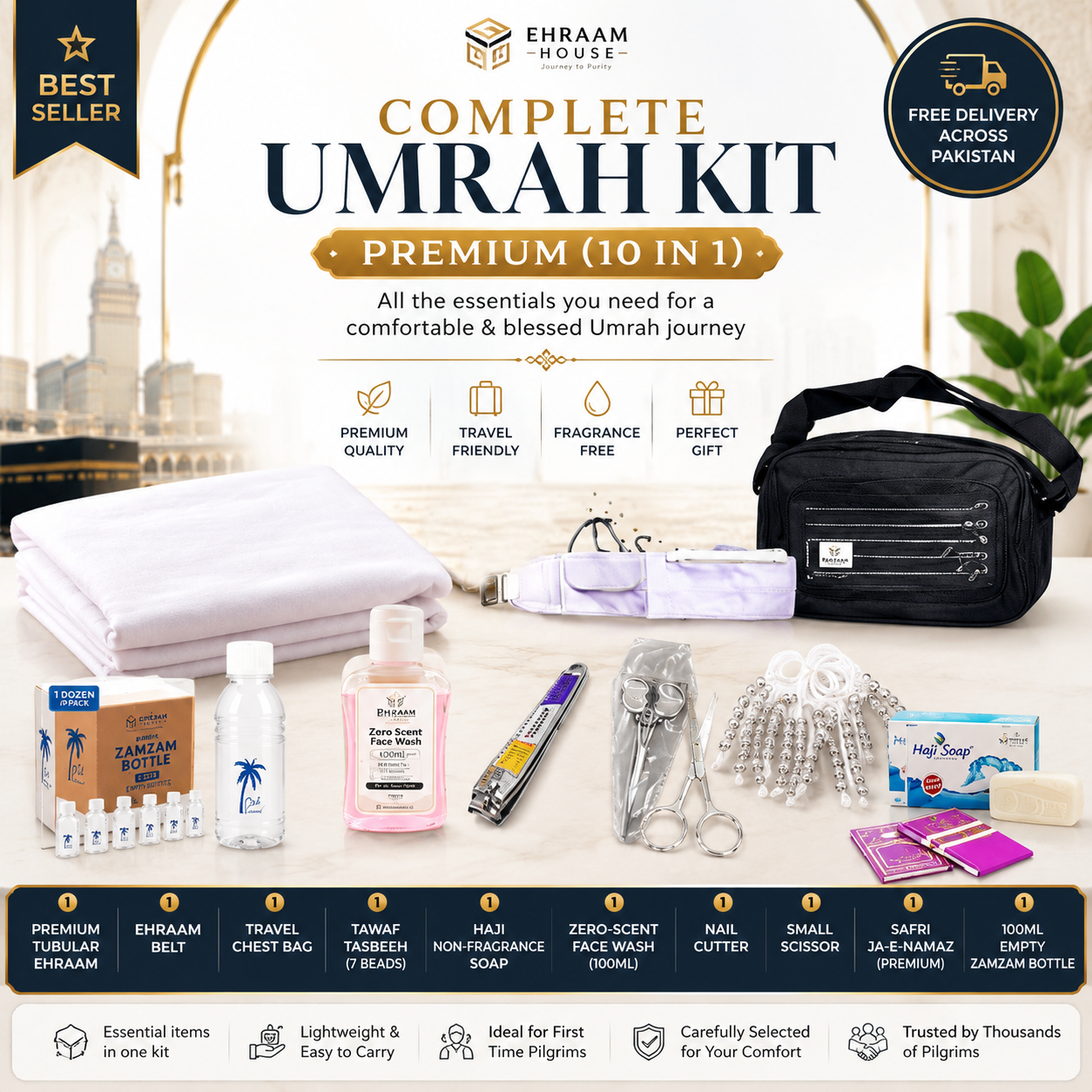 Ehraam House Complete Umrah Kit – Premium (10 in 1)