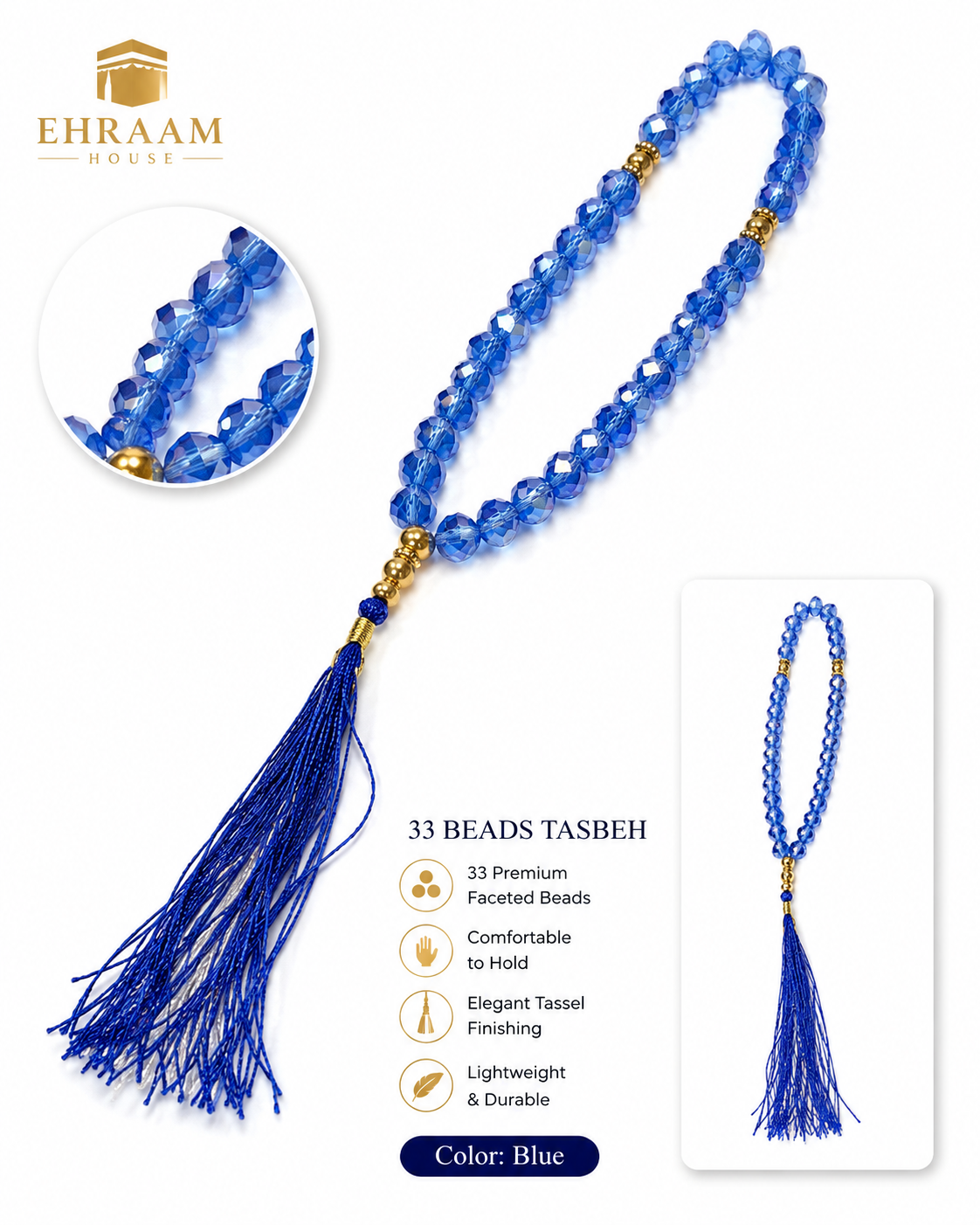Crystal Blue Tasbeeh – 33 Beads