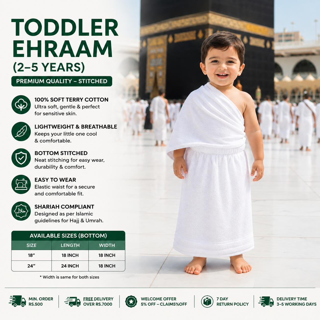 Toddler Ehraam (Ihram) 2–5 Years – Stitched Bottom