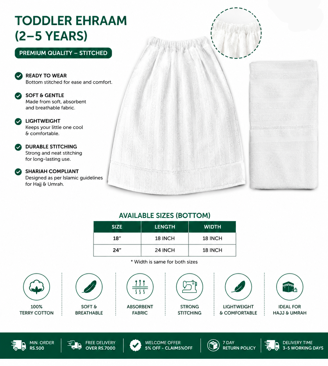 Toddler Ehraam (Ihram) 2–5 Years – Stitched Bottom